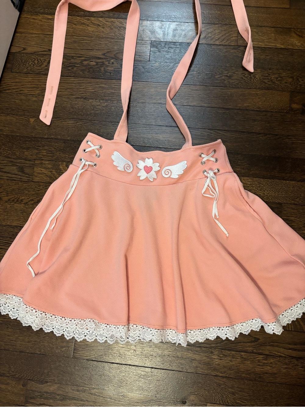Pink Lace-Hem Circle Skirt with Winged Heart Appliqué